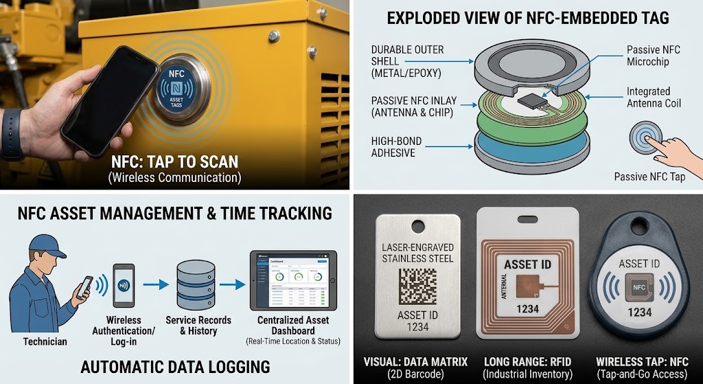 Data Matrix plates, RFID inventory tags, and tap-to-scan NFC service records