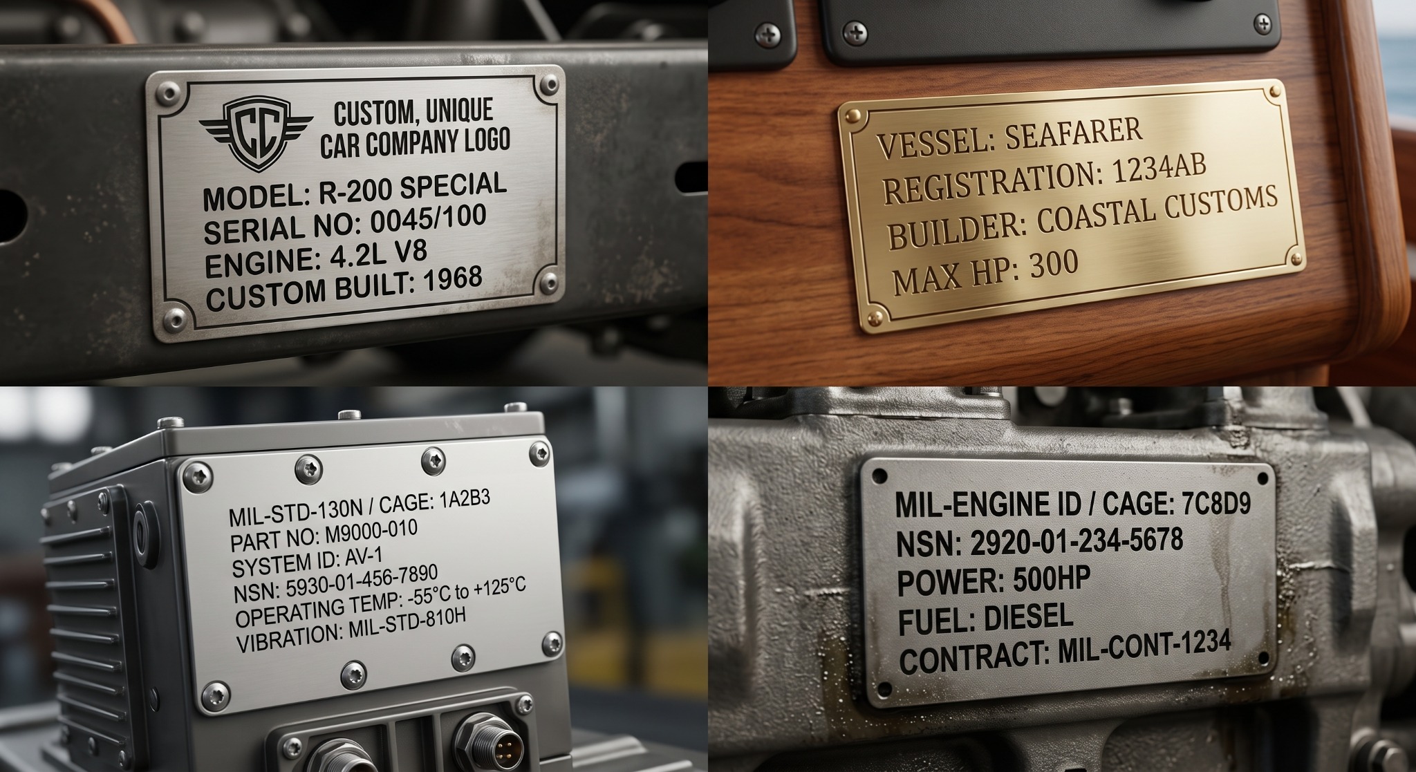 Custom automotive, marine, industrial, and equipment identification plates